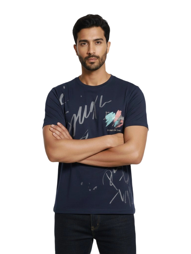 Men’s Regular Fit Printed Cotton T-Shirt - Dark Blue 