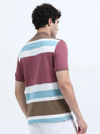 Men’s Cotton Jacquard Striped Polo T-shirt - Purple