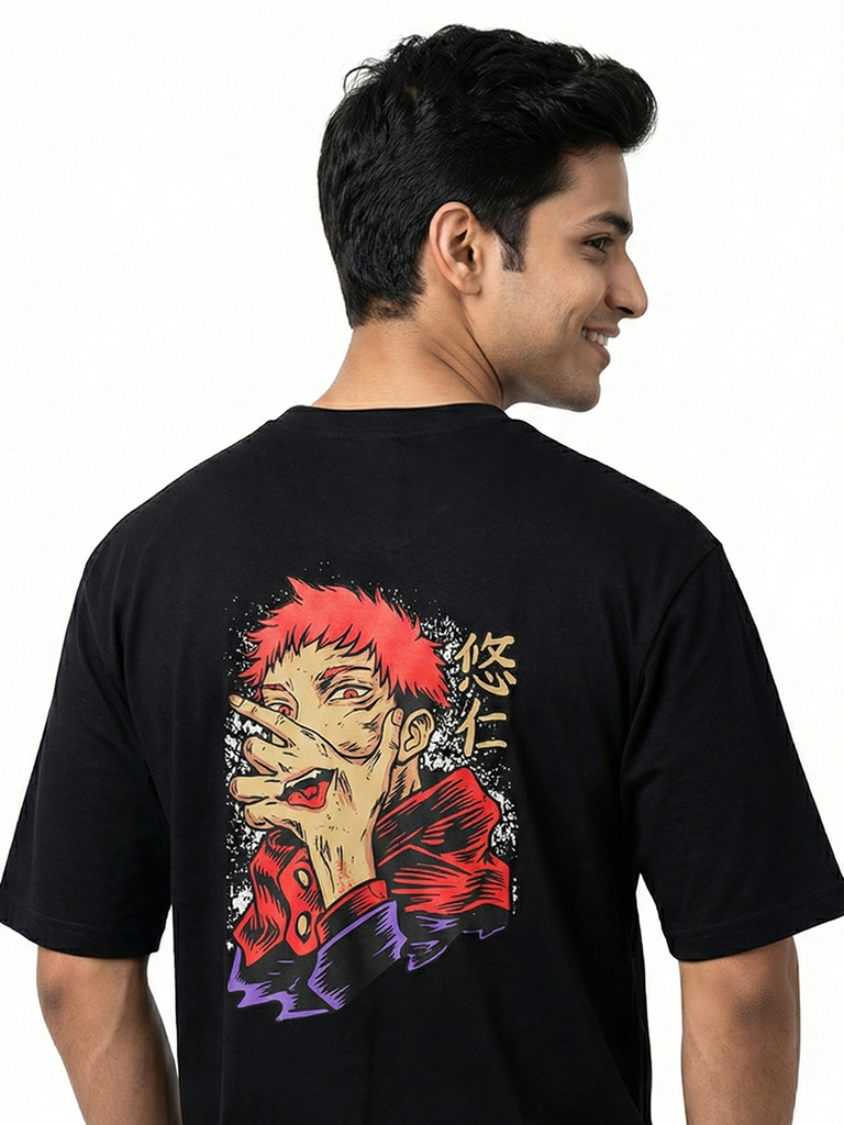 Men’s Anime Print Oversized Cotton T-Shirt - Black