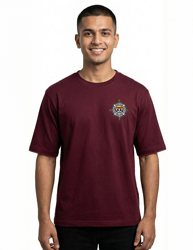 Men’s Anime Print Oversized Cotton T-Shirt - Maroon