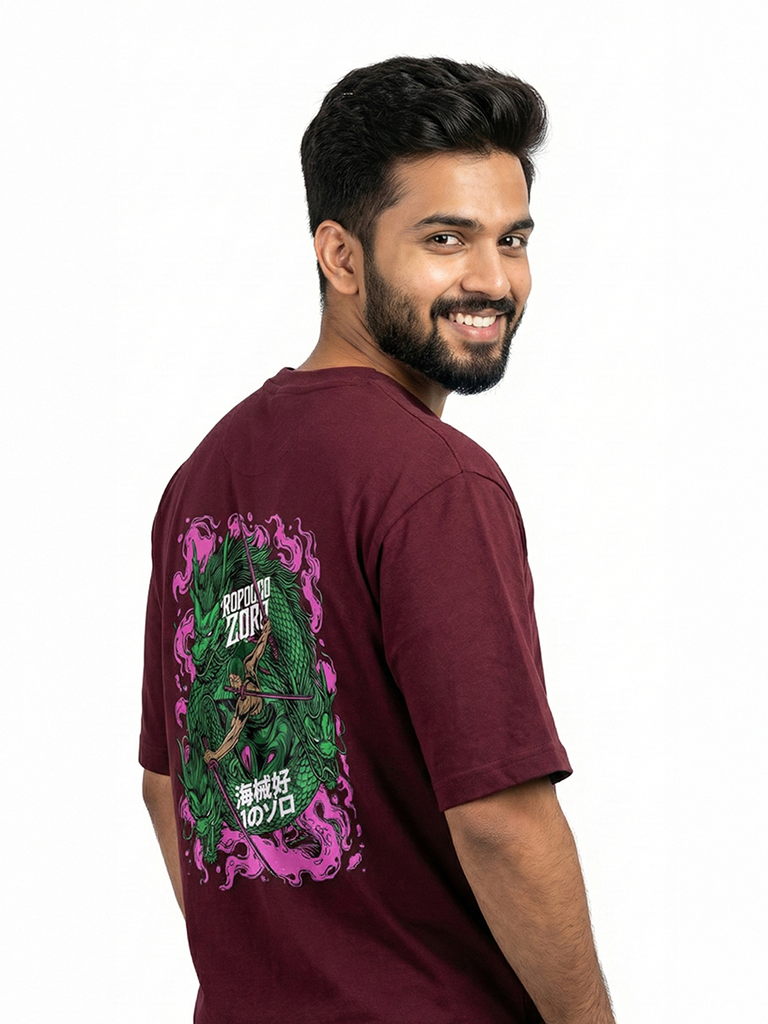 Men’s Anime Print Oversized Cotton T-Shirt - Maroon