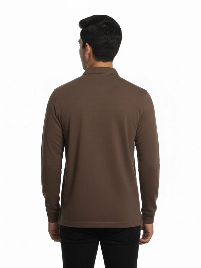 Men's Quarter-Zip Stretch Lycra Blend  Full Sleeve Polo T Shirts - Brown