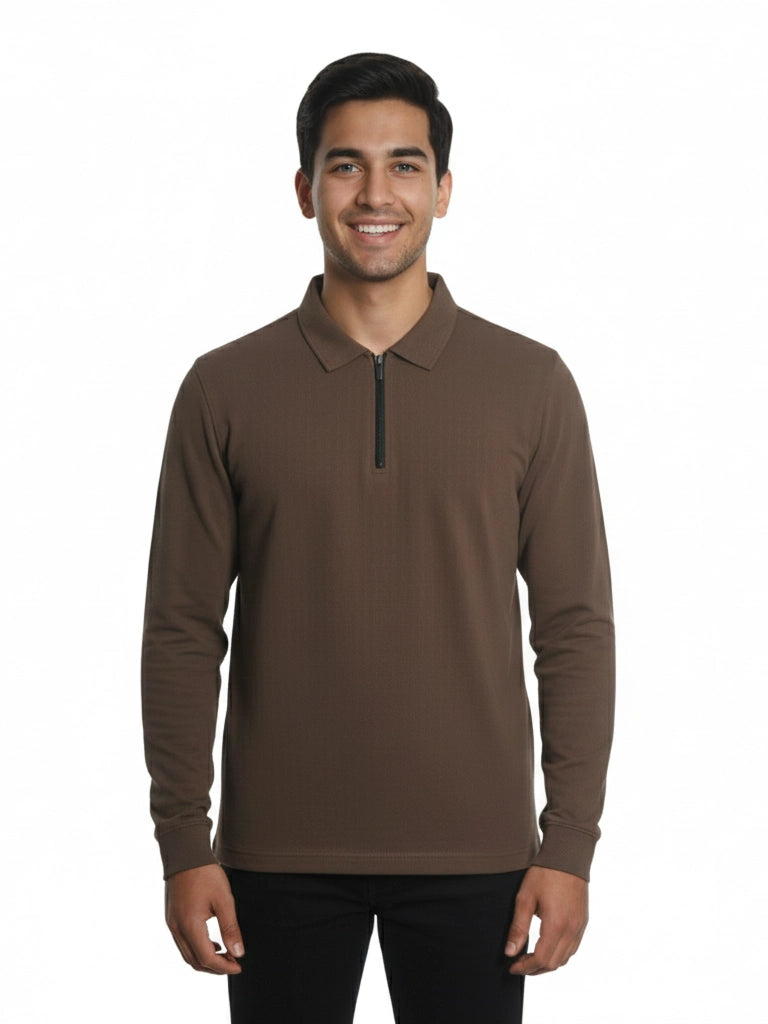 Men's Quarter-Zip Stretch Lycra Blend  Full Sleeve Polo T Shirts - Brown