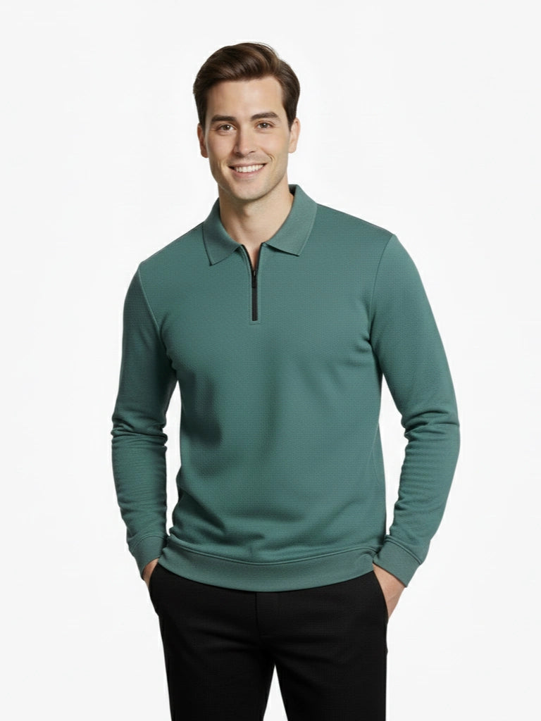 Men's Quarter-Zip Stretch Lycra Blend  Full Sleeve Polo T Shirts - Sea Blue