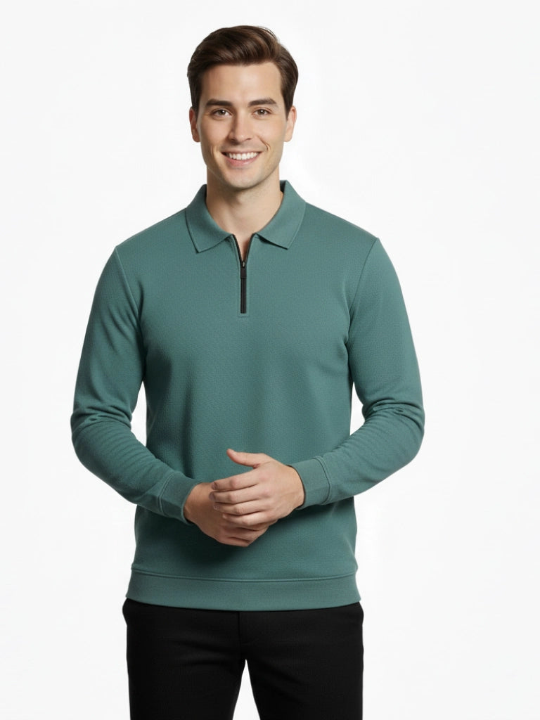 Men's Quarter-Zip Stretch Lycra Blend  Full Sleeve Polo T Shirts - Sea Blue
