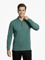Men's Quarter-Zip Stretch Lycra Blend  Full Sleeve Polo T Shirts - Sea Blue