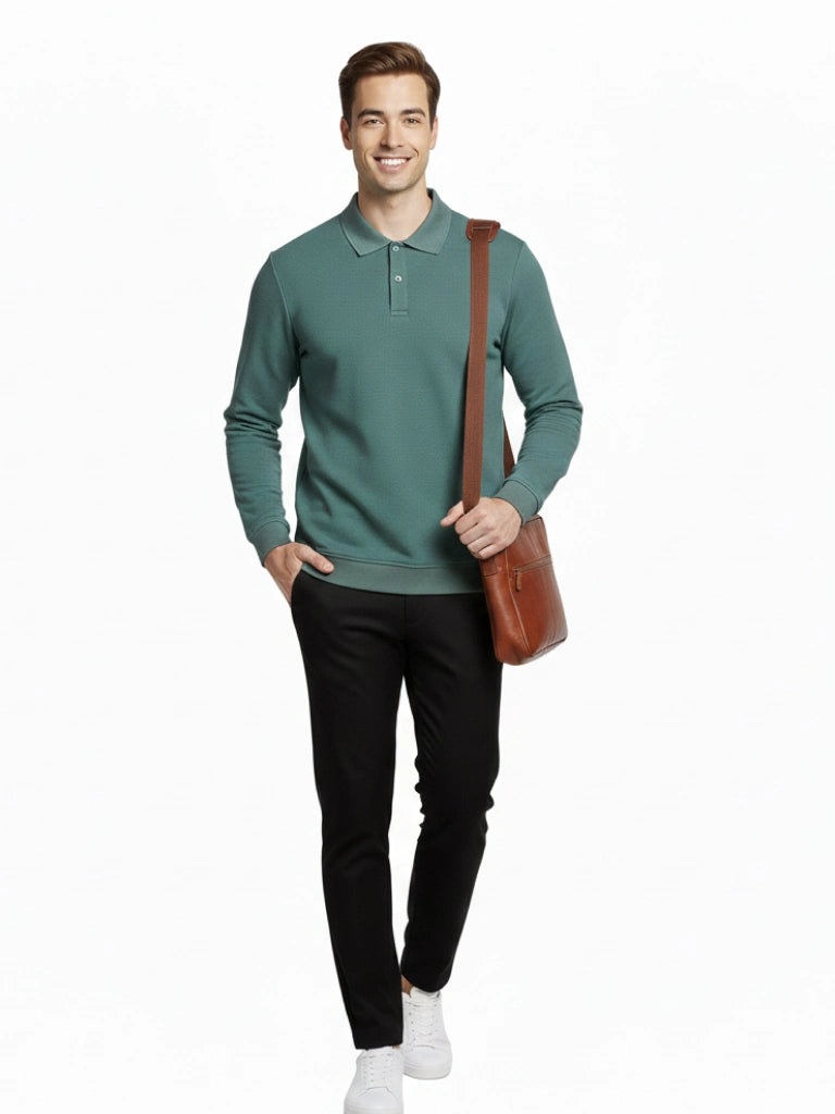 Men's Quarter-Zip Stretch Lycra Blend  Full Sleeve Polo T Shirts - Sea Blue