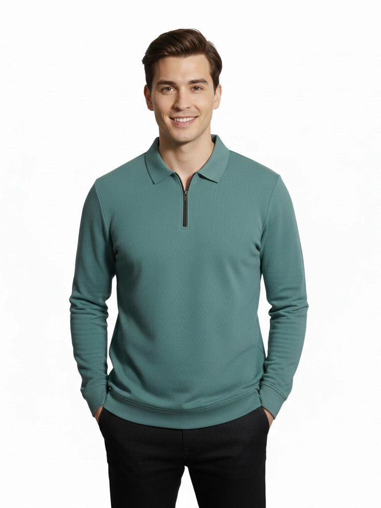 Men's Quarter-Zip Stretch Lycra Blend  Full Sleeve Polo T Shirts - Sea Blue