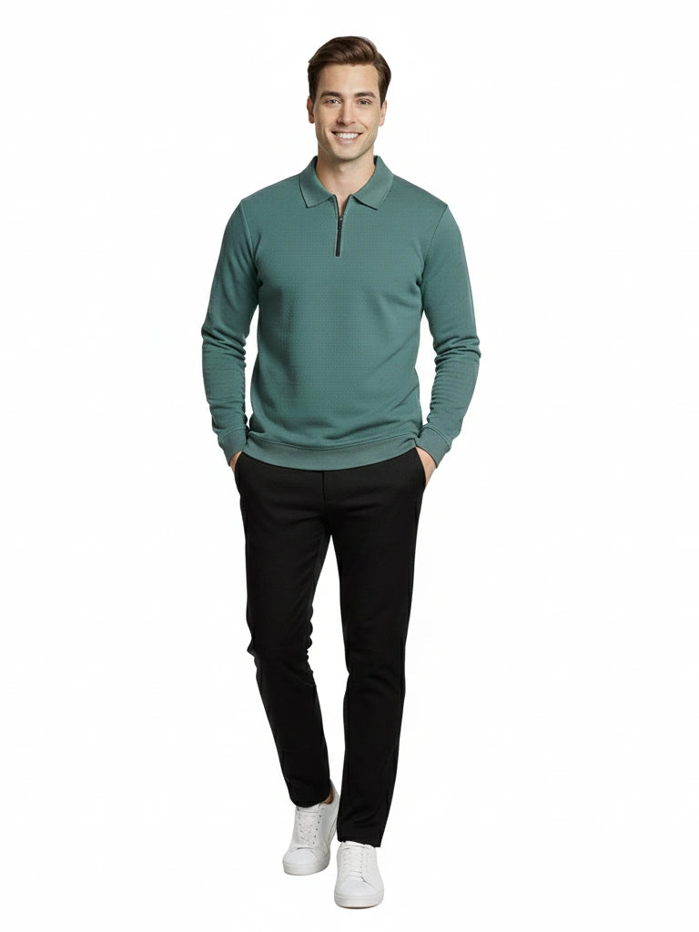 Men's Quarter-Zip Stretch Lycra Blend  Full Sleeve Polo T Shirts - Sea Blue