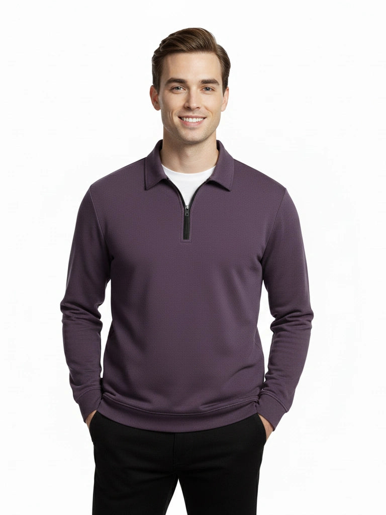 Men's Quarter-Zip Stretch Lycra Blend  Full Sleeve Polo T Shirts - Violet