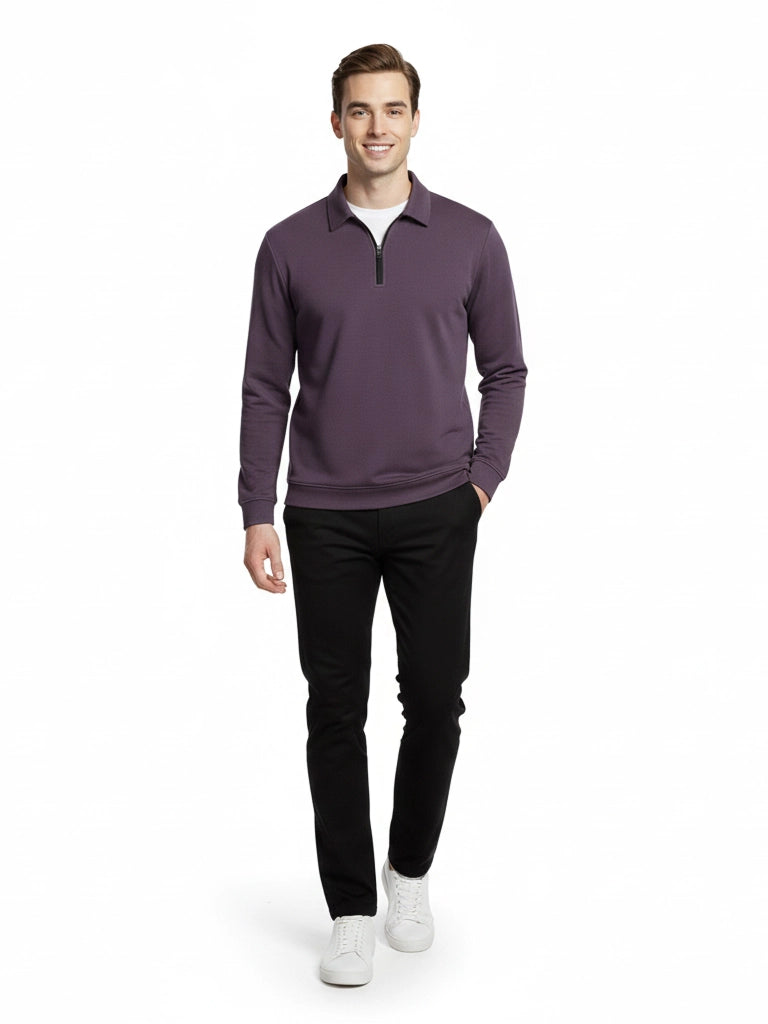 Men's Quarter-Zip Stretch Lycra Blend  Full Sleeve Polo T Shirts - Violet