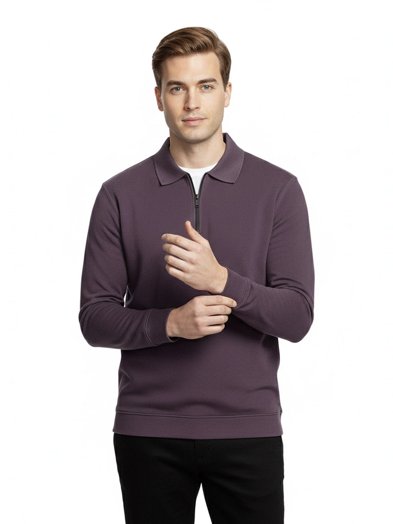 Men's Quarter-Zip Stretch Lycra Blend  Full Sleeve Polo T Shirts - Violet