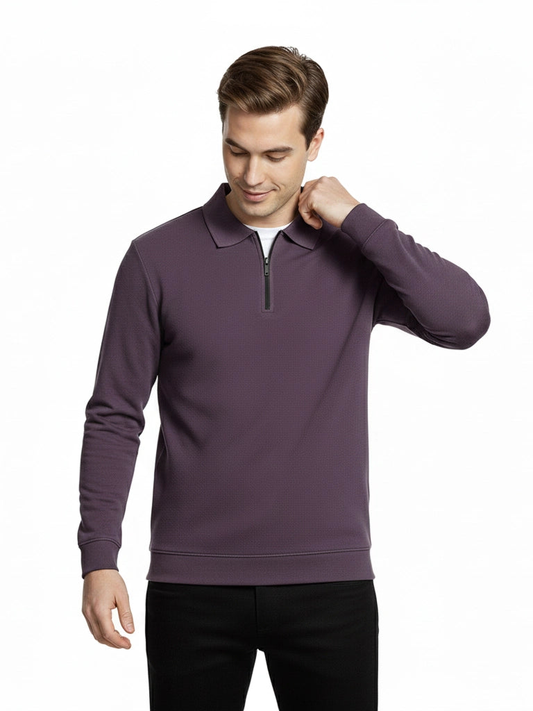 Men's Quarter-Zip Stretch Lycra Blend  Full Sleeve Polo T Shirts - Violet