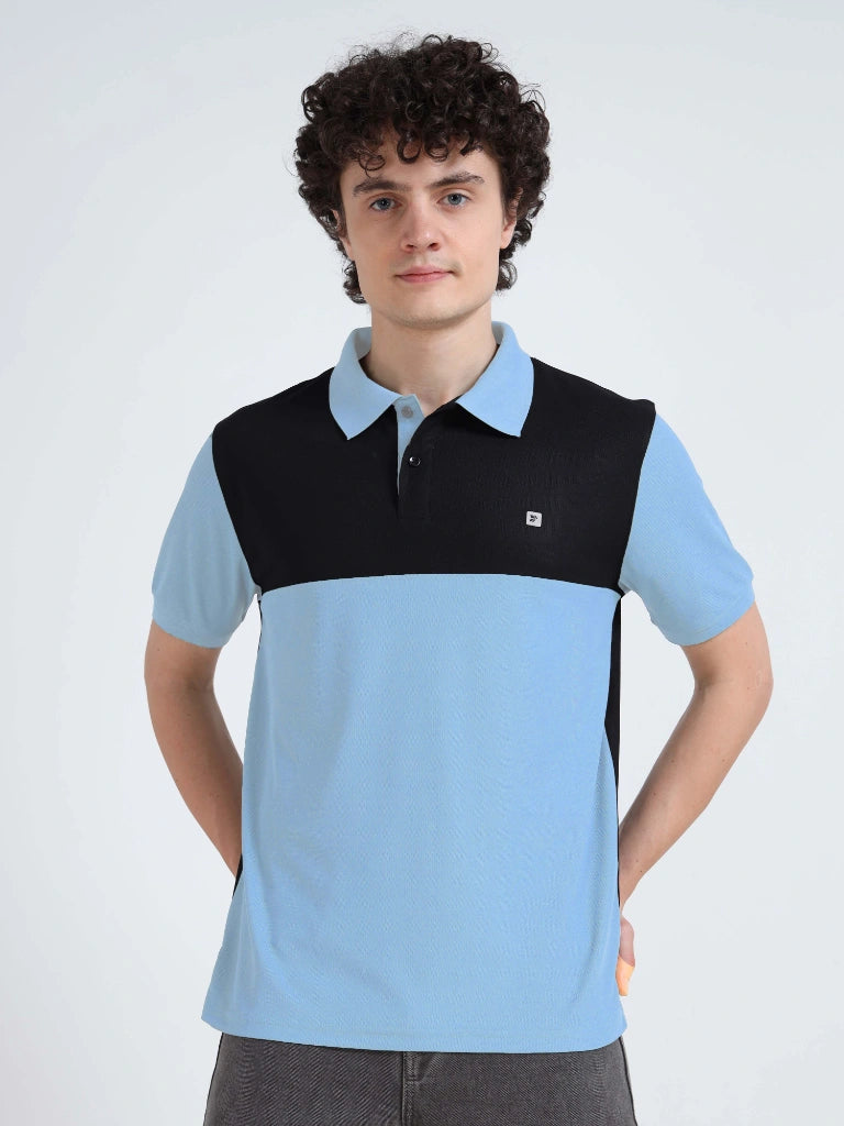 Men’s Polyester Polo – Cut & Sew Design - Sky Blue with Black