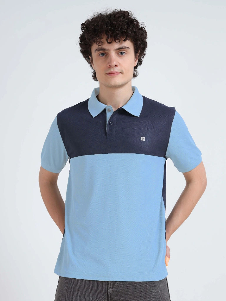 Men’s Polyester Polo – Cut & Sew Design - Sky Blue with Navy