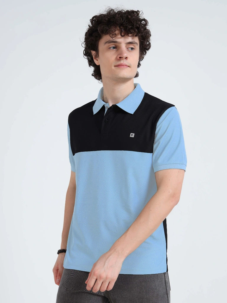 Men’s Polyester Polo – Cut & Sew Design - Sky Blue with Black