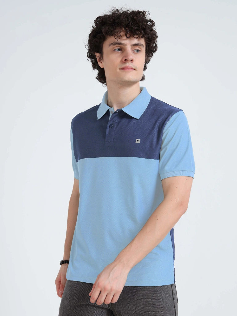 Men’s Polyester Polo – Cut & Sew Design - Sky Blue with Navy