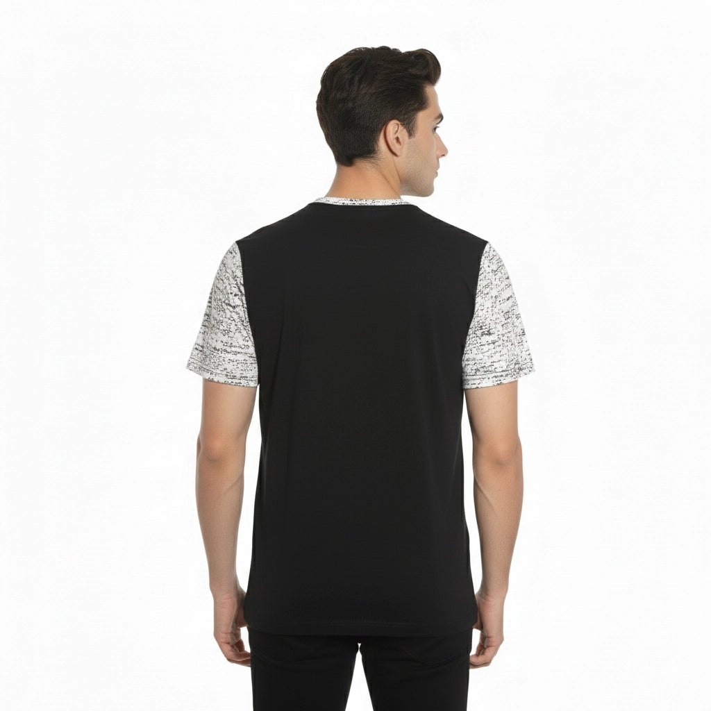 Men’s Color Block Cotton Round Neck T Shirt - Black