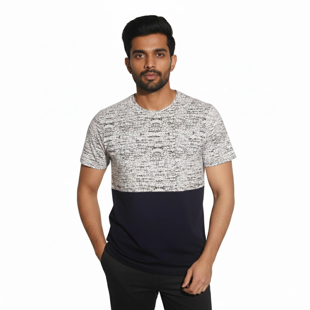 Men’s Color Block Cotton Round Neck T Shirt - Dark Blue