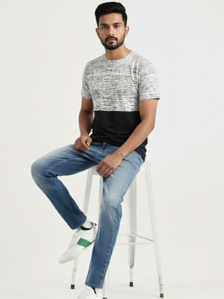 Men’s Color Block Cotton Round Neck T Shirt - Dark Blue