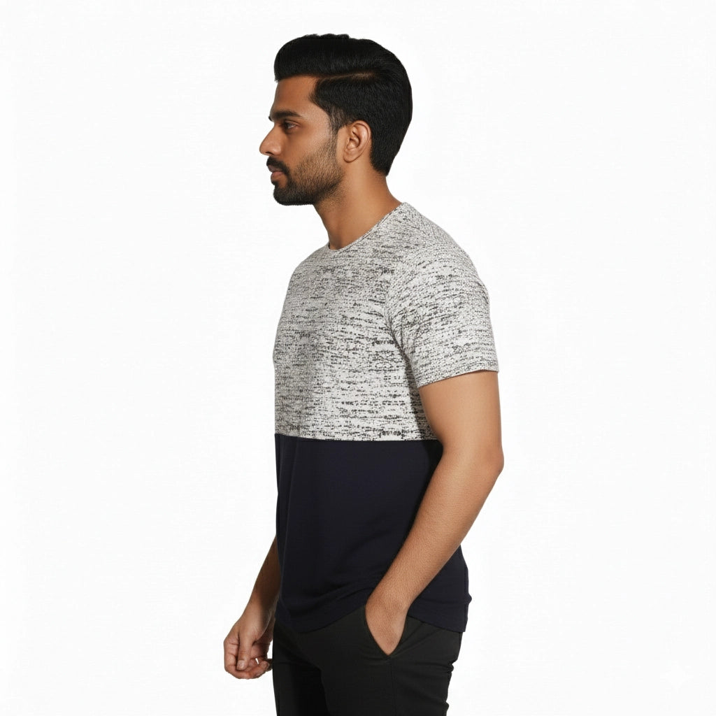 Men’s Color Block Cotton Round Neck T Shirt - Dark Blue