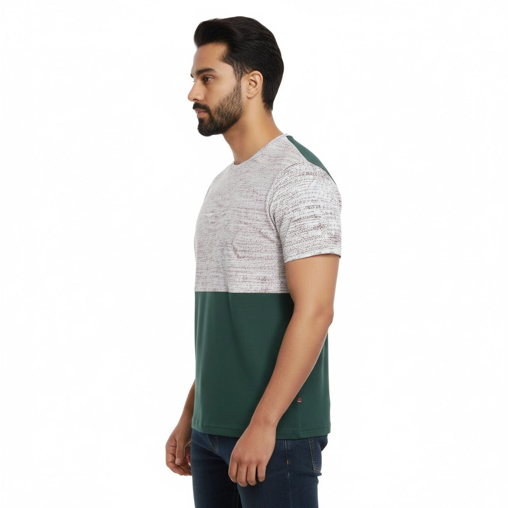 Men’s Color Block Cotton Round Neck T Shirt - Green