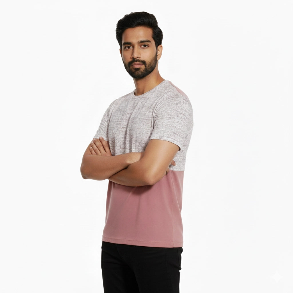 Men’s Color Block Cotton Round Neck T Shirt - Pink