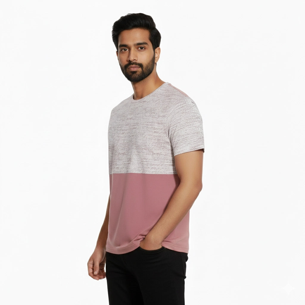 Men’s Color Block Cotton Round Neck T Shirt - Pink
