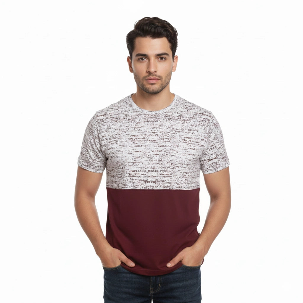 Men’s Color Block Cotton Round Neck T Shirt - Red