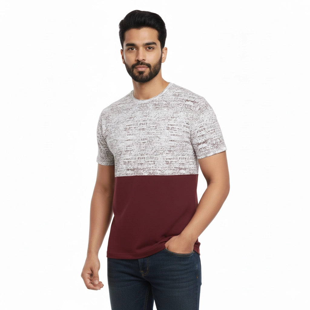 Men’s Color Block Cotton Round Neck T Shirt - Red