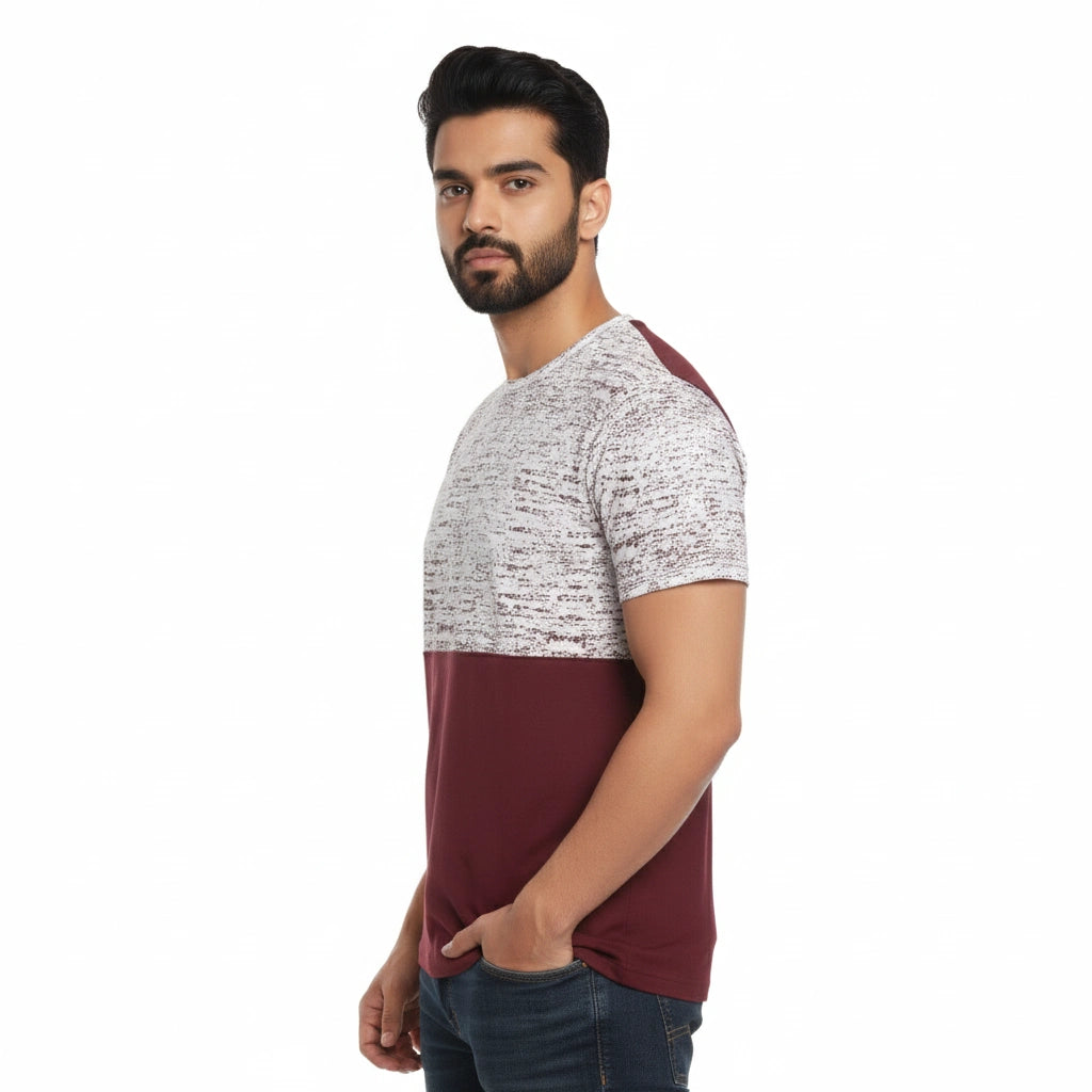 Men’s Color Block Cotton Round Neck T Shirt - Red