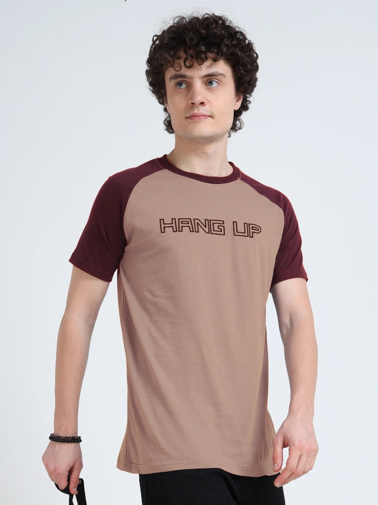 Men’s Typography T-Shirt with Styled Sleeves - Dark Brown