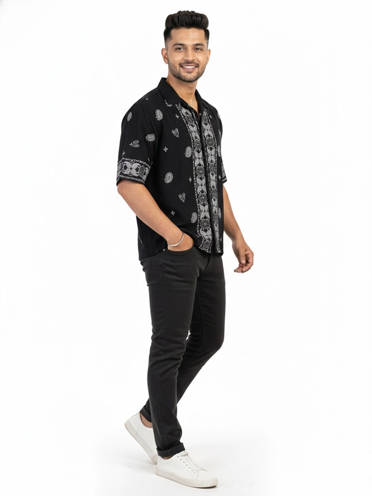 Men’s Premium Cotton Printed Down Shoulder Shirt - Black