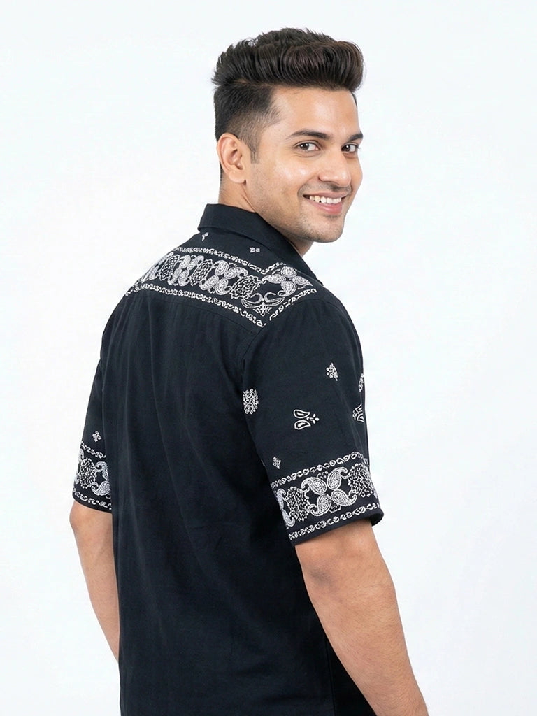 Men’s Premium Cotton Printed Down Shoulder Shirt - Black