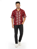 Shop Men's Cotton Printed Down Shoulder Shirt Full Walk View - Red