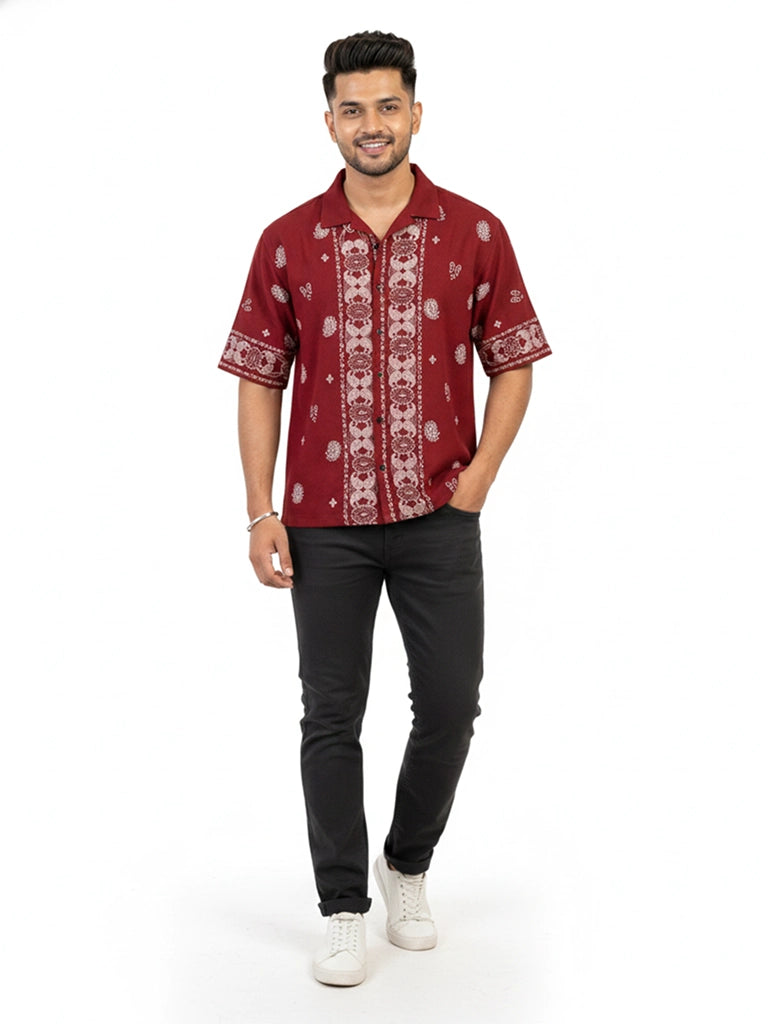 Shop Men's Cotton Printed Down Shoulder Shirt Full Walk View - Red
