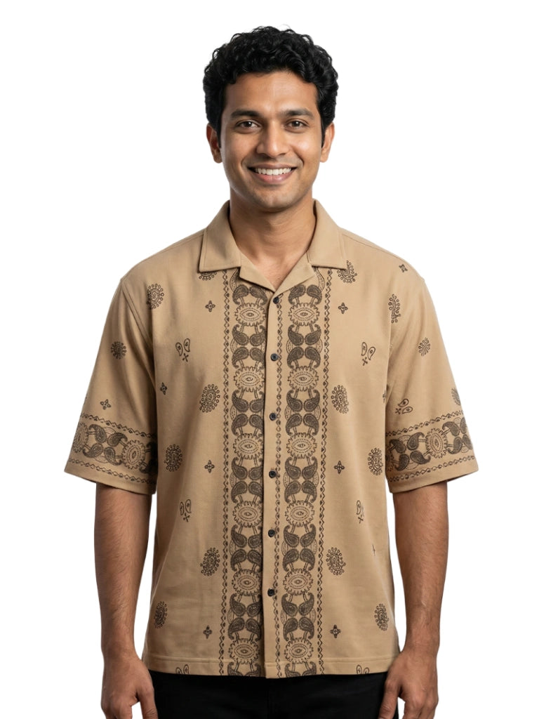 Men’s Premium Cotton Printed Down Shoulder Shirt - Mustard Yellow