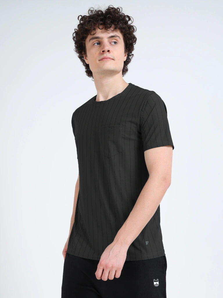 men’s athleisure round neck t-shirt stripe pocket edition black colour close-up detail view buy online india - Black