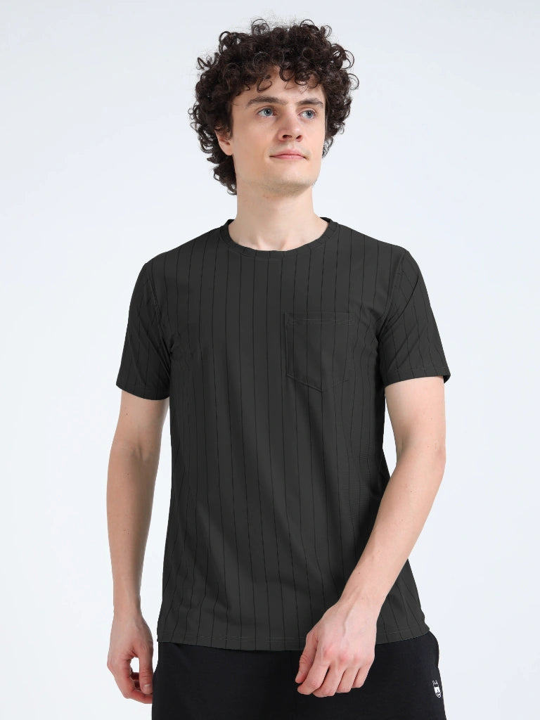 men’s athleisure round neck t-shirt stripe pocket edition black colour front view buy online india - Black