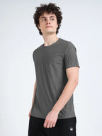 men’s athleisure round neck t-shirt stripe pocket edition dark gray colour close-up detail view buy online india - Dark Gray