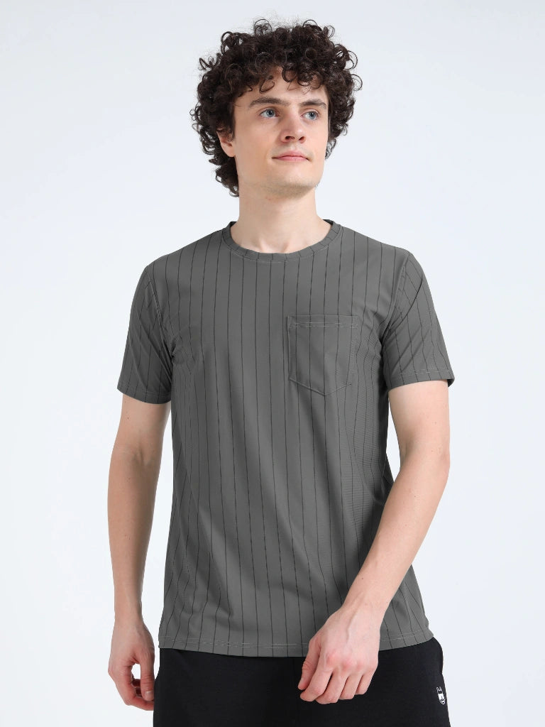 men’s athleisure round neck t-shirt stripe pocket edition dark gray colour front view buy online india - Dark Gray