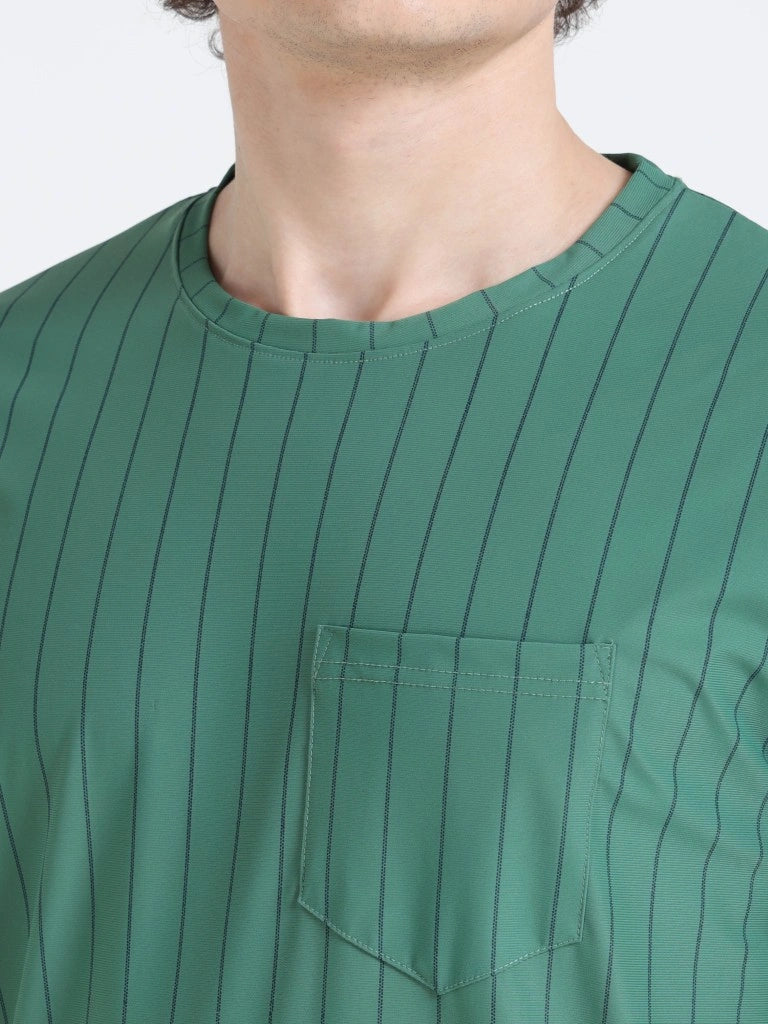 men’s athleisure round neck t-shirt stripe pocket edition green colour close-up detail view buy online india - Green