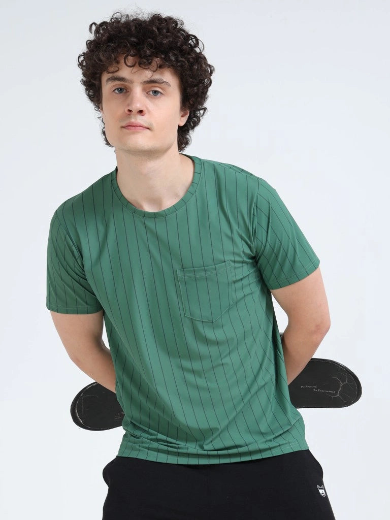 men’s athleisure round neck t-shirt stripe pocket edition green colour front view buy online india - Green