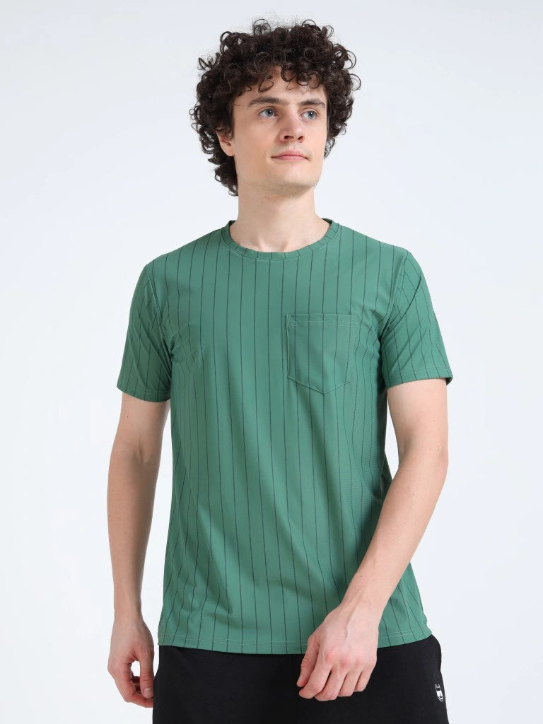 men’s athleisure round neck t-shirt stripe pocket edition green colour full body view buy online india - Green