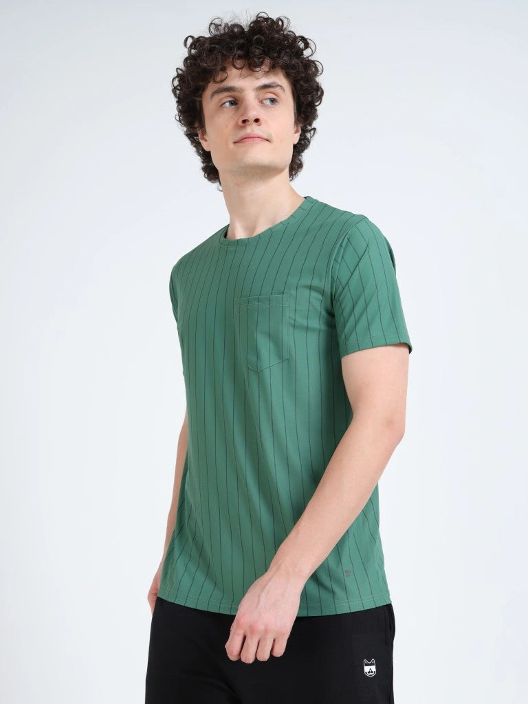 men’s athleisure round neck t-shirt stripe pocket edition green colour full look with pant view buy online india
 - Green