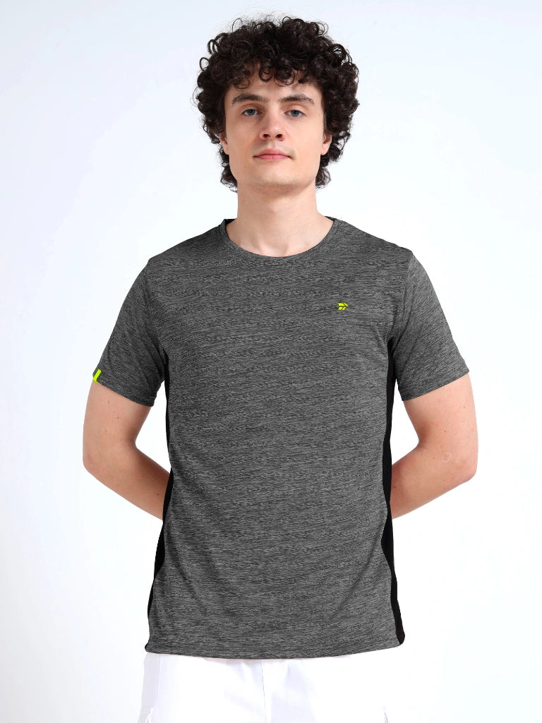 men's round neck t-shirt black melange color back view buy online - Black Melange