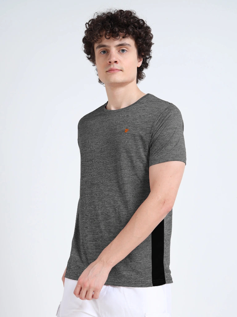 men's round neck t-shirt black melange color side view shop online- Black Melange