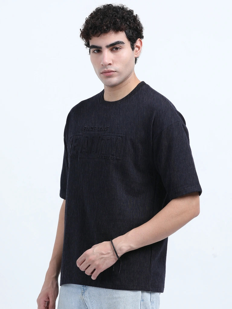 men's cotton round neck t-shirt navy melange color side view shop online - Navy Melange
