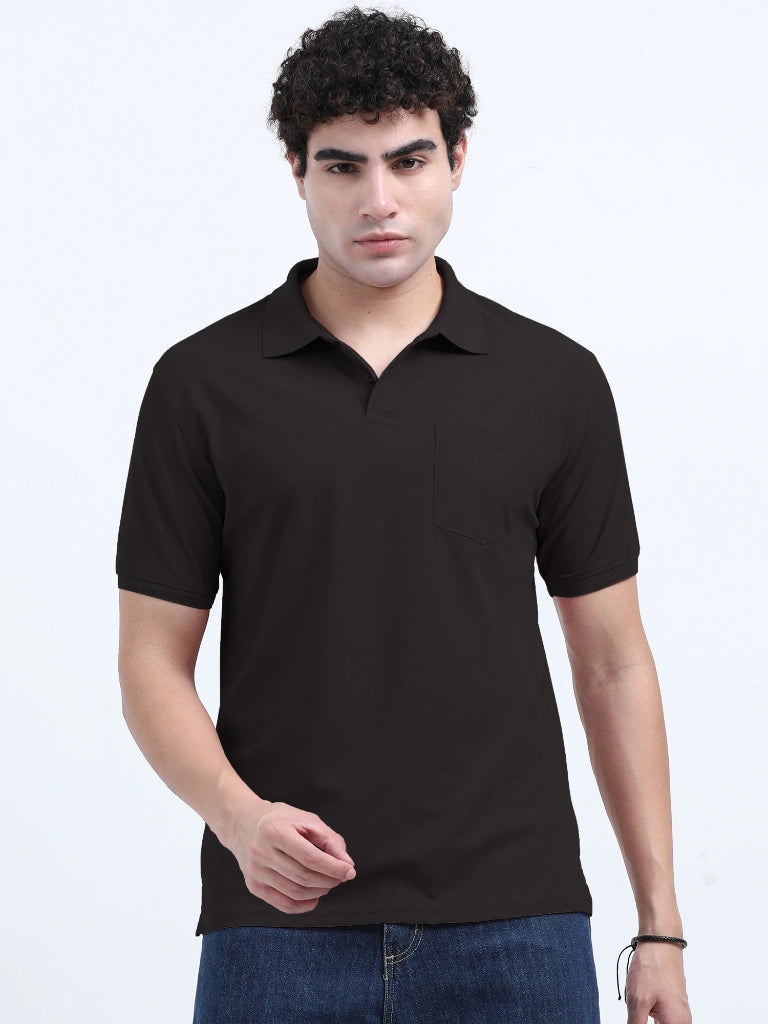 men's polyester polo t-shirt with pocket black color full lifestyle view buy online india - Black