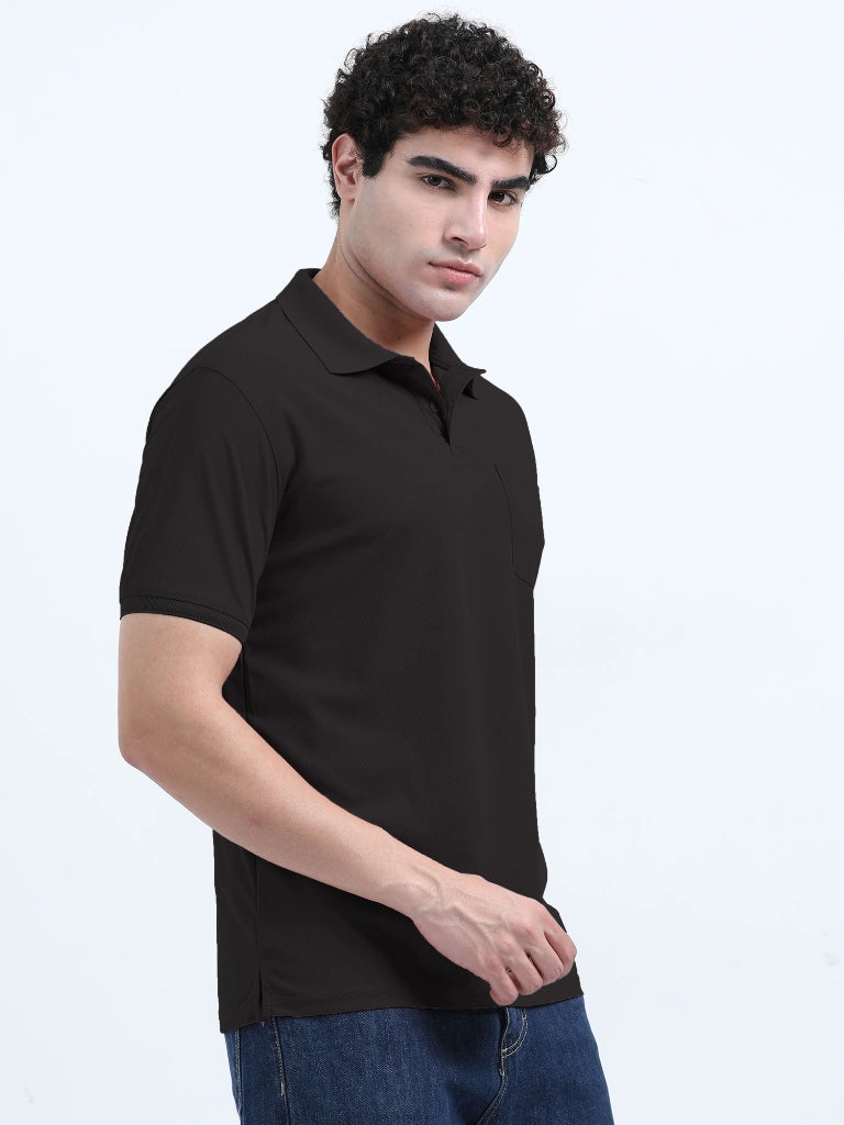 men's polyester polo t-shirt with pocket black color side style view buy online india - Black
